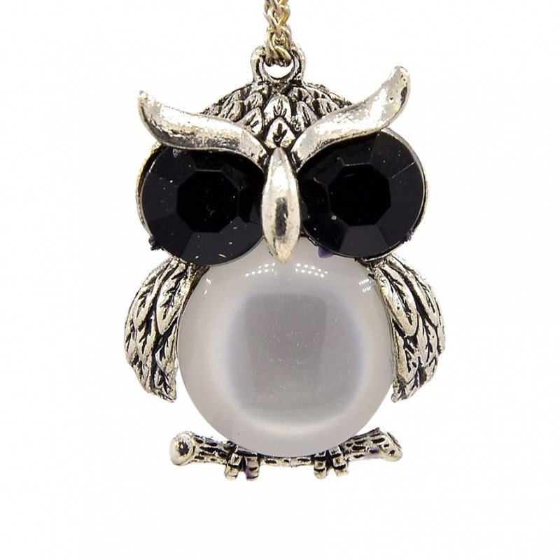 Pendentif Hibou Argenté Yeux Strass Ventre Oeil de Chat 36mm