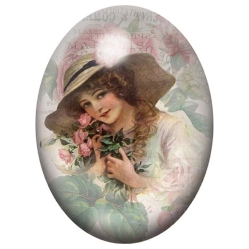 Cabochon en Verre Illustré Femme au Chapeau et aux Roses 13x18, 18x25 ou 30x40mm