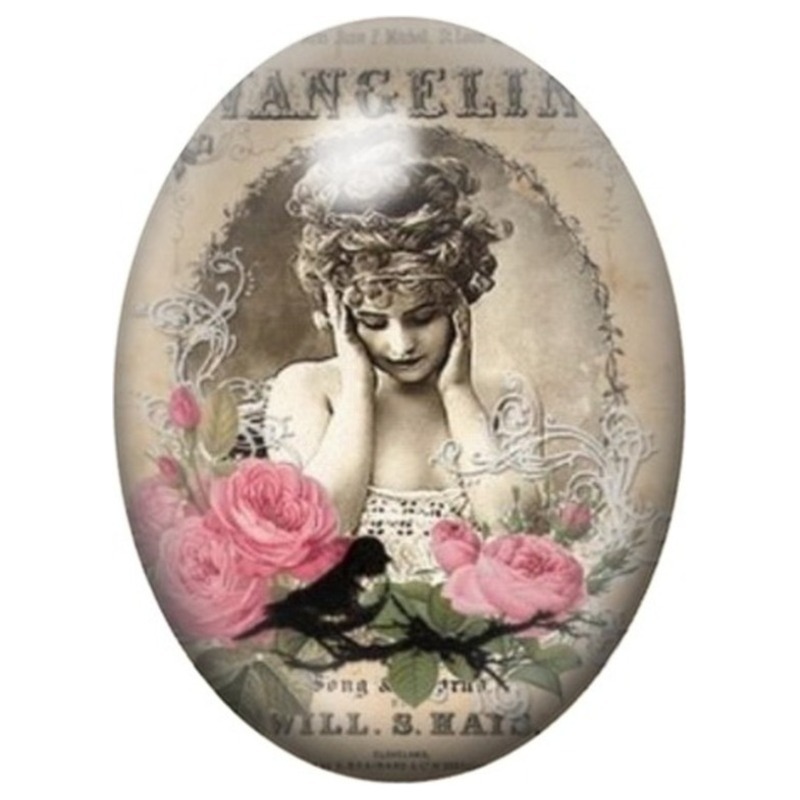 Cabochon en Verre Illustré Muse Antique aux Roses 13x18, 18x25 ou 30x40mm