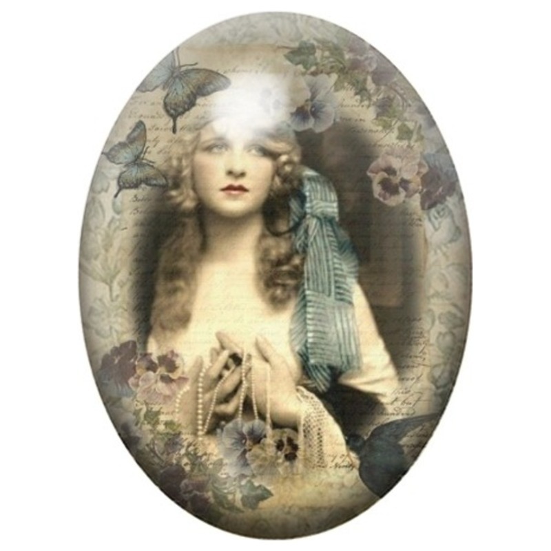 Cabochon en Verre Illustré Femme Mystique aux Papillons 13x18, 18x25 ou 30x40mm