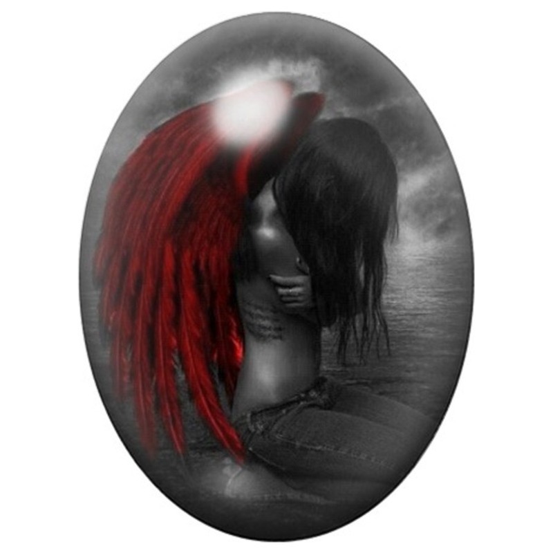 Cabochon en Verre Illustré Ange Noir aux Ailes Rouges 13x18, 18x25 ou 30x40mm