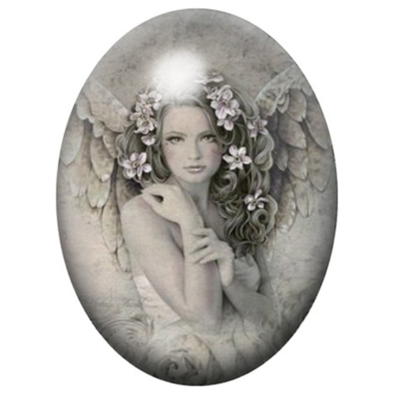 Cabochon en Verre Illustré Ange de Pierre aux Fleurs 13x18, 18x25 ou 30x40mm