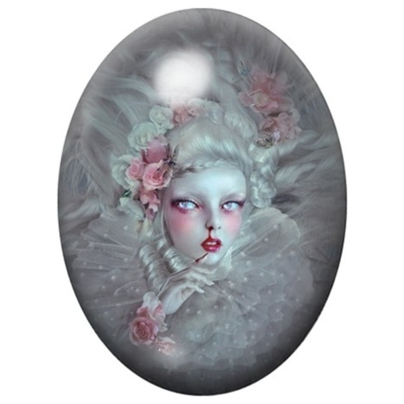 Cabochon en Verre Illustré Marquise aux Fleurs Poudrées 13x18, 18x25 ou 30x40mm