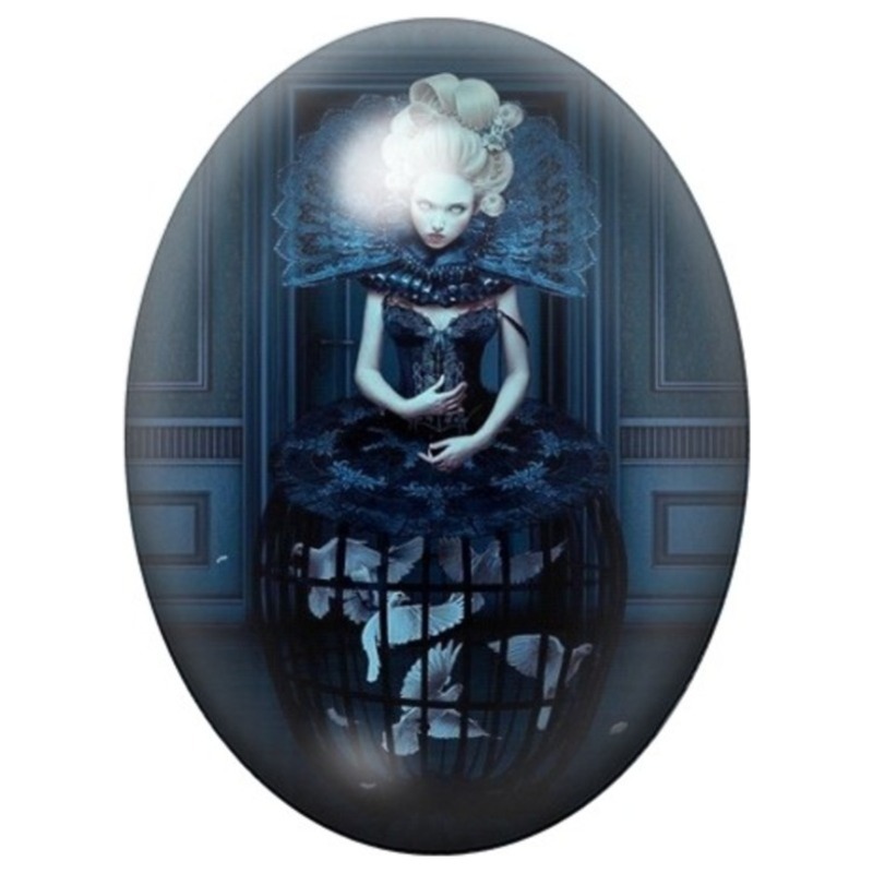 Cabochon en Verre Illustré Marquise Bleue au Fauteuil 13x18, 18x25 ou 30x40mm