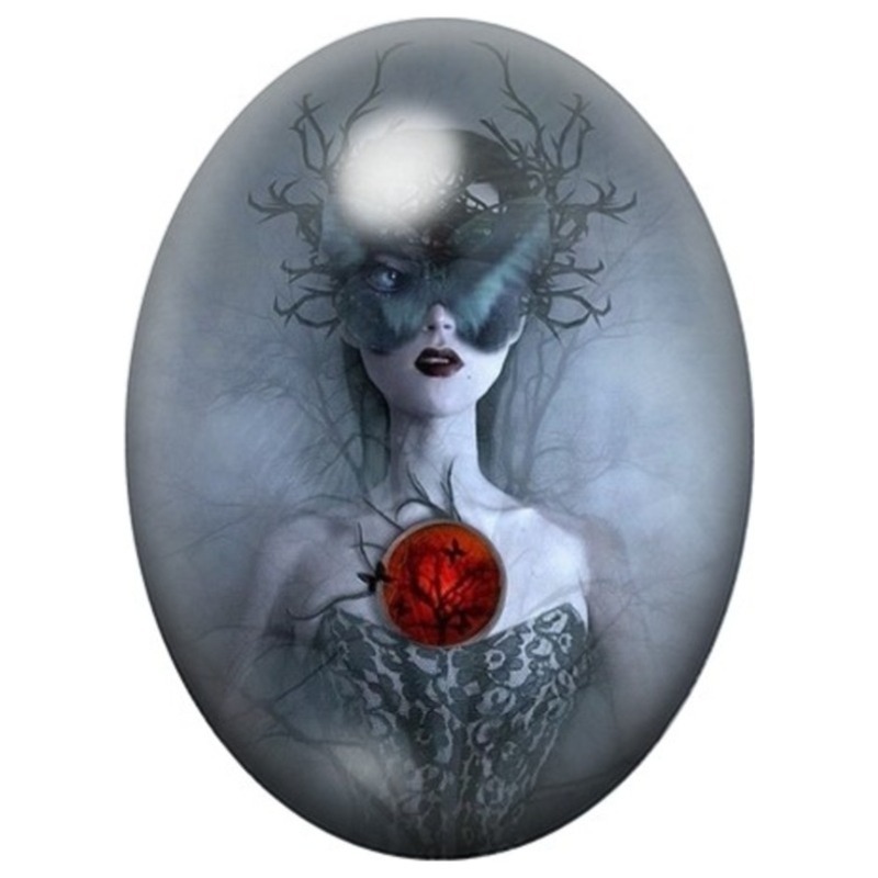 Cabochon en Verre Illustré Femme aux Bois et au Cœur Rouge 13x18, 18x25 ou 30x40mm