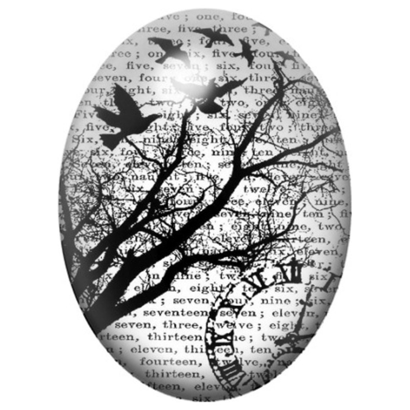 Cabochon en Verre Illustré Corbeaux sur Texte Ancien 13x18, 18x25 ou 30x40mm
