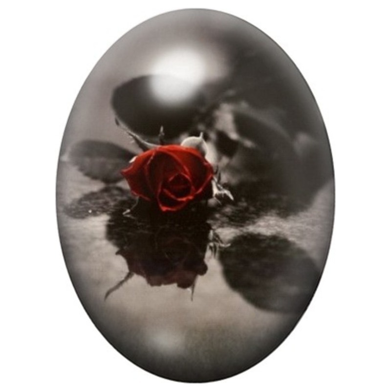 Cabochon en Verre Illustré Rose Rouge sur Fond Noir 13x18, 18x25 ou 30x40mm