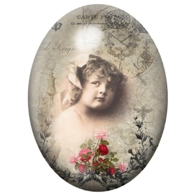 Cabochon en Verre Illustré Petite Fille aux Roses Rouges 13x18, 18x25 ou 30x40mm