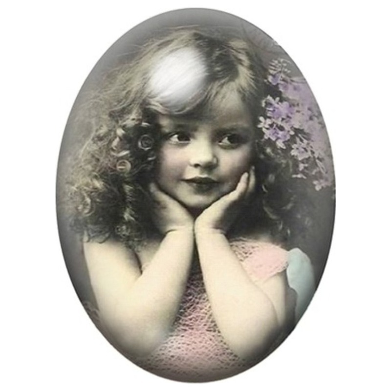 Cabochon en Verre Illustré Petite Fille aux Boucles et Lilas 13x18, 18x25 ou 30x40mm