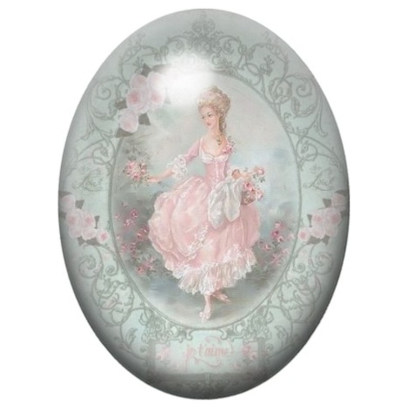 Cabochon en Verre Illustré Marquise en Robe Rose 13x18, 18x25 ou 30x40mm