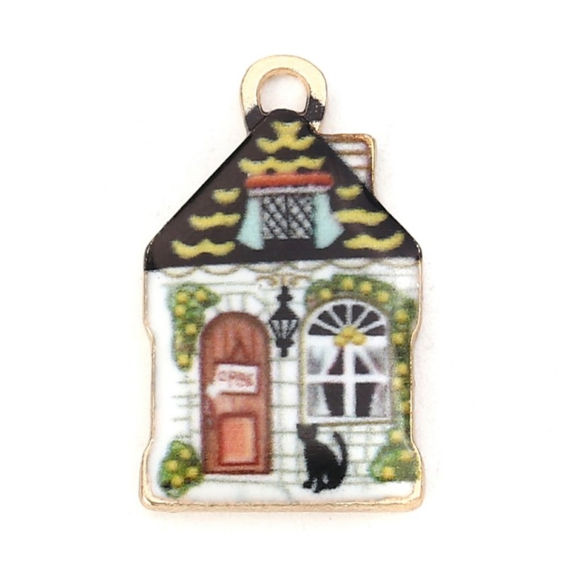 2 Breloques Maison Chat Noir Métal Doré 22x13mm
