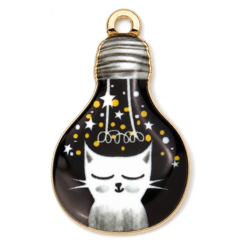 2 Breloques Forme Ampoule Chat en Émail Métal Doré 28x17mm