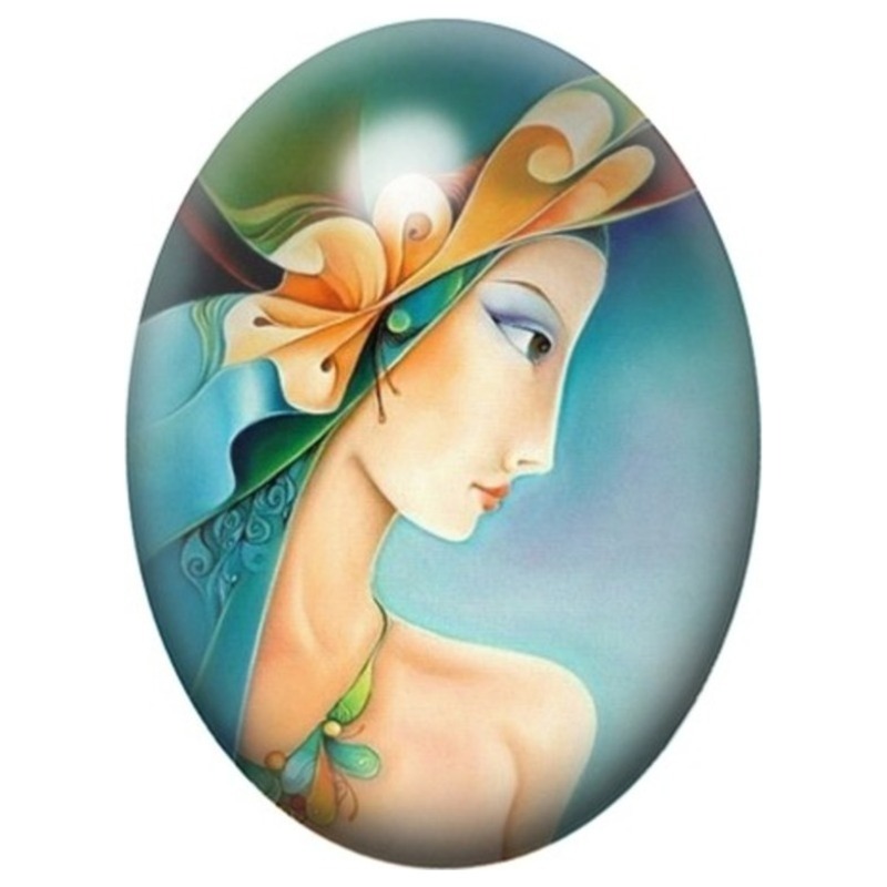 Cabochon en Verre Illustré Femme au Chapeau Orange 13x18, 18x25 ou 30x40mm