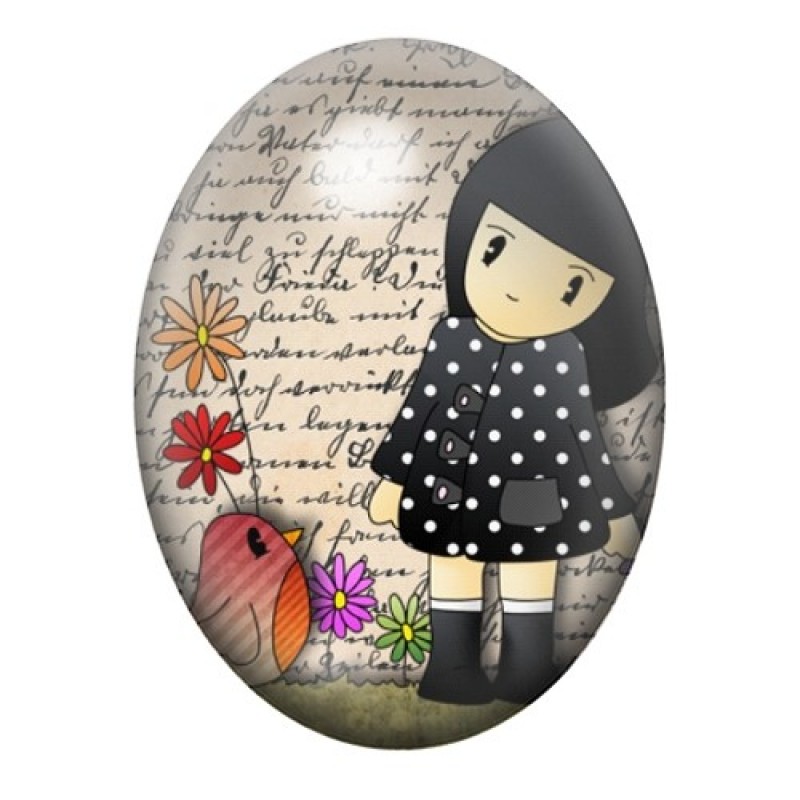 Cabochon en Verre Illustré Fillette au Jardin Fleuri 13x18, 18x25 ou 30x40mm