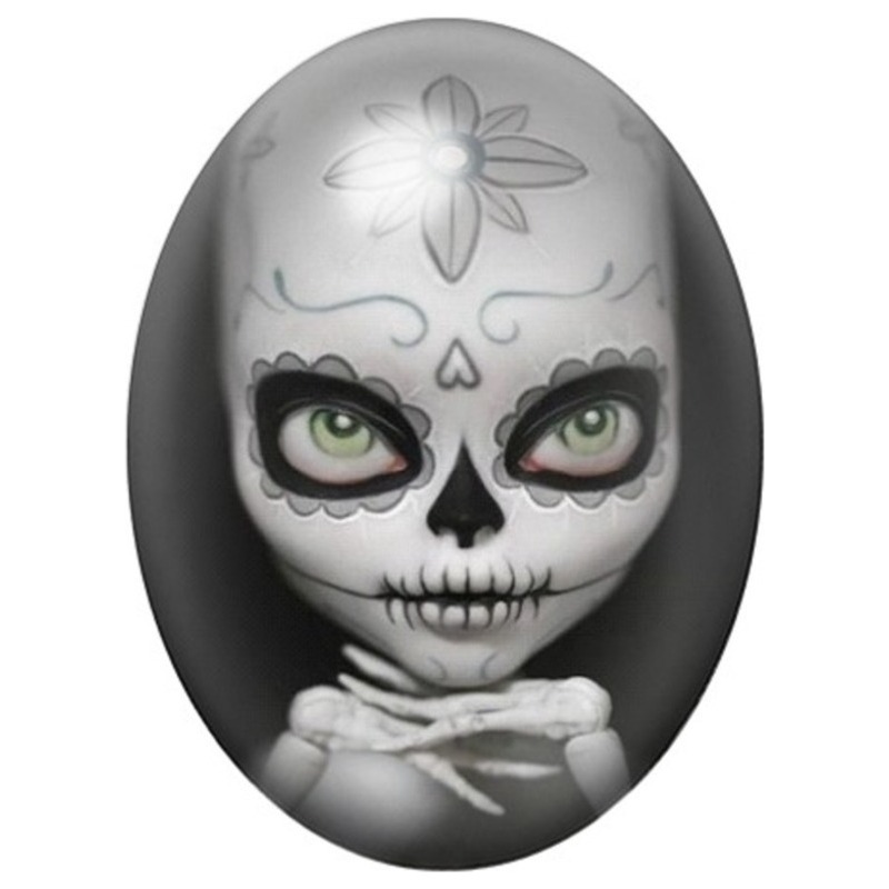 Cabochon en Verre Illustré Poupée Calavera aux Yeux Verts 13x18, 18x25 ou 30x40mm