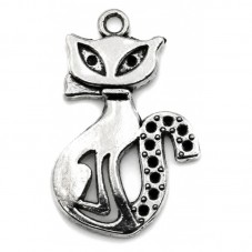 4 Breloques Chat Argenté à Strasser 26x16mm pour la Création de Bijoux Fantaisie - DIY