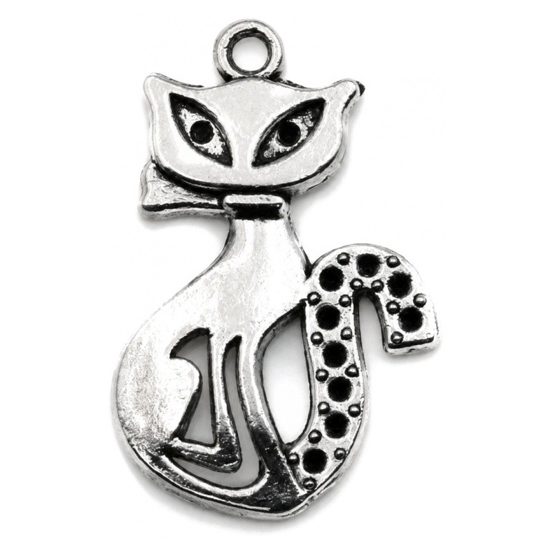 4 Breloques Chat Argenté à Strasser 26x16mm