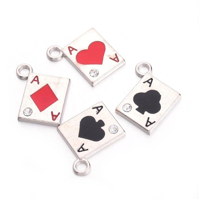 4 Breloques Cartes As en Émail avec Strass 21x19mm Thème Alice