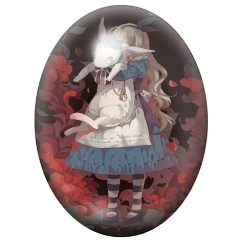 Cabochon en Verre Illustré Alice Gothique aux Rubans Rouges 13x18, 18x25 ou 30x40mm