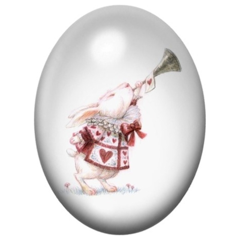 Cabochon en Verre Illustré Lapin Blanc à la Trompette 13x18, 18x25 ou 30x40mm