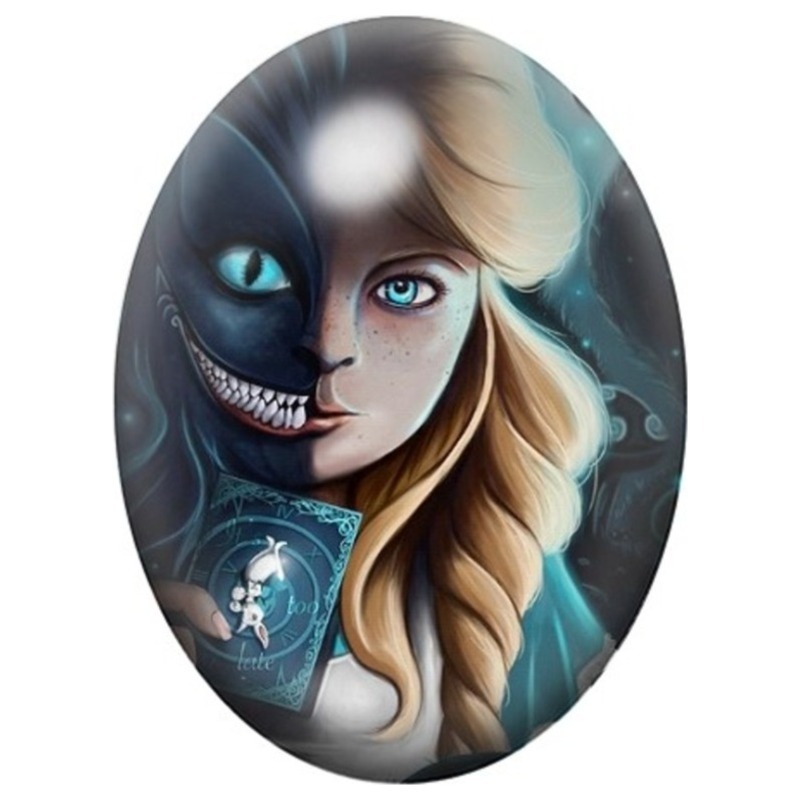 Cabochon en Verre Illustré Alice et le Chat du Cheshire 13x18, 18x25 ou 30x40mm