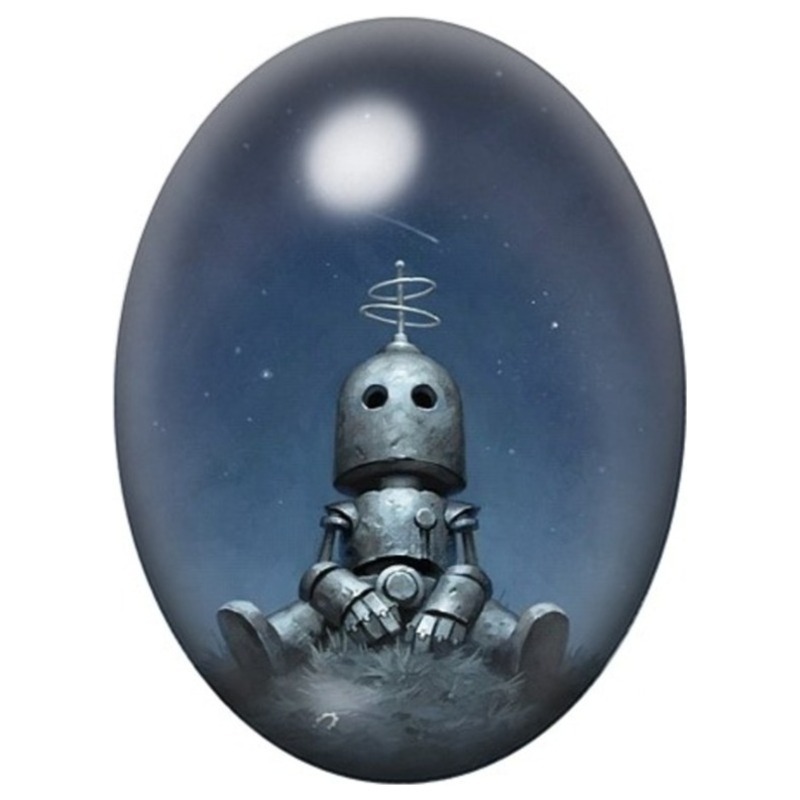 Cabochon en Verre Illustré Petit Robot sous les Étoiles 13x18, 18x25 ou 30x40mm