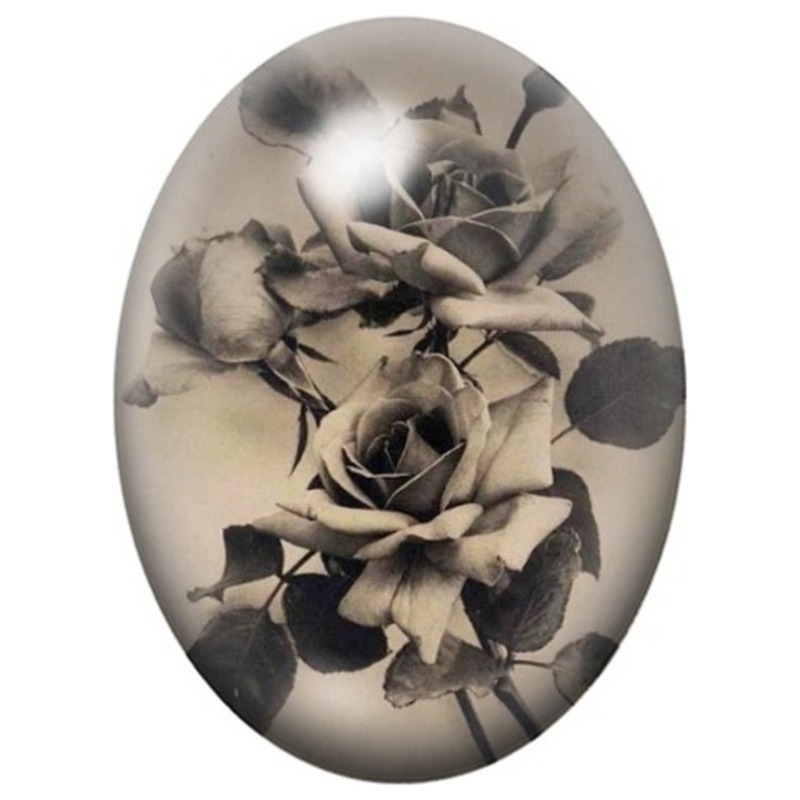 Cabochon en Verre Illustré Roses Noires Vintage 13x18, 18x25 ou 30x40mm
