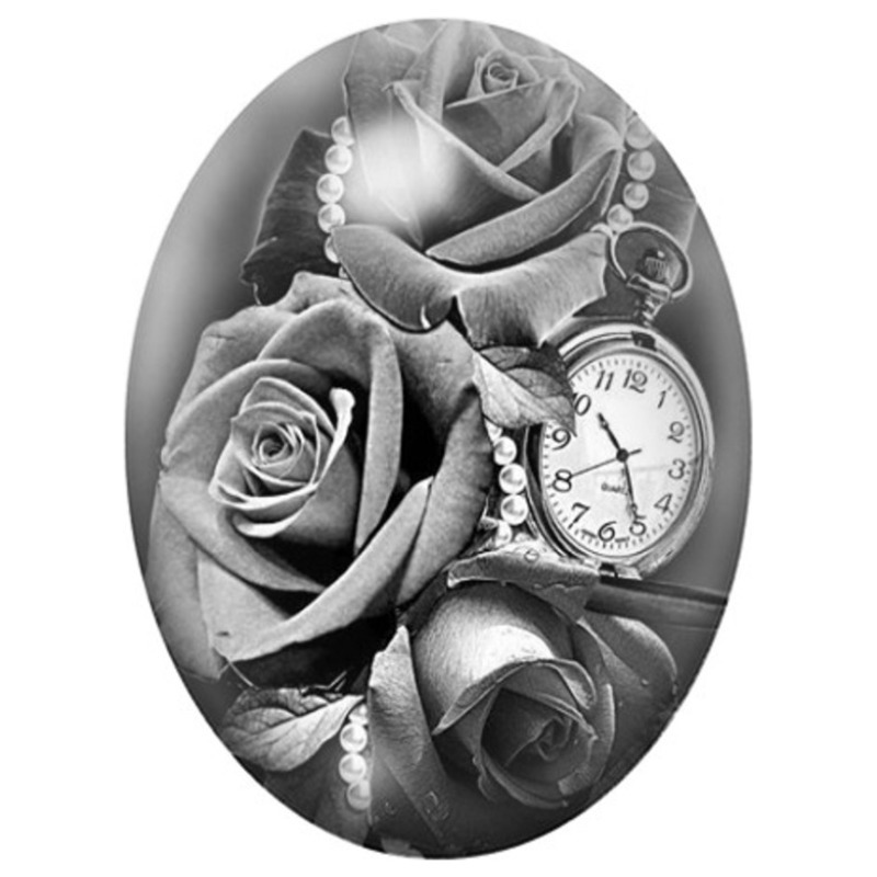 Cabochon en Verre Illustré Roses Noires et Montre Ancienne 13x18, 18x25 ou 30x40mm