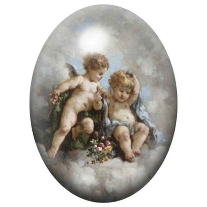 Cabochon en Verre Illustré Deux Angelots dans les Nuages 13x18, 18x25 ou 30x40mm