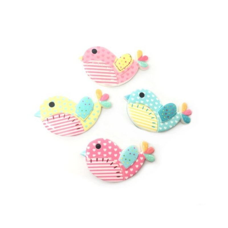 4 Cabochons Oiseaux Multicolores 41x23mm