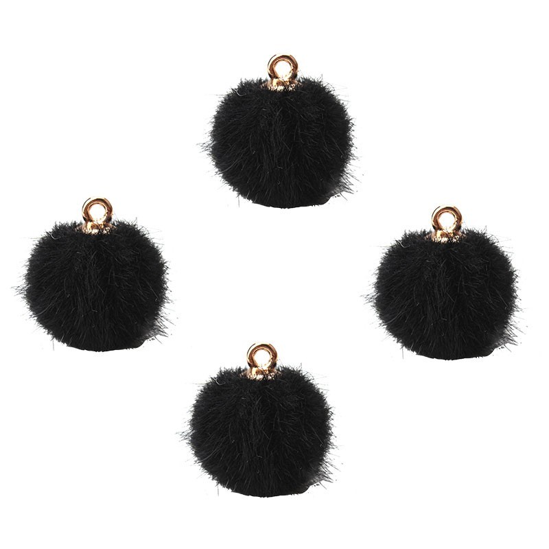 2 Breloques Pompons Noir Métal Doré 18x16mm