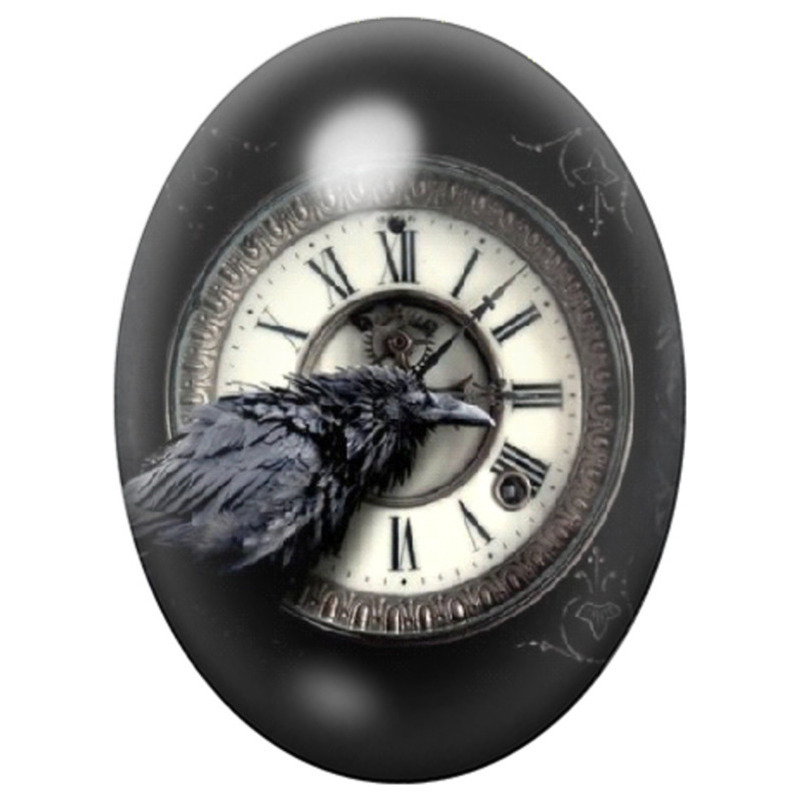 Cabochon en Verre Illustré Corbeau sur Horloge Ancienne 13x18, 18x25 ou 30x40mm