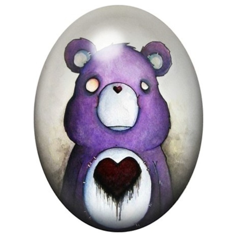 Cabochon en Verre Illustré Ourson Gothique au Cœur Noir 13x18, 18x25 ou 30x40mm