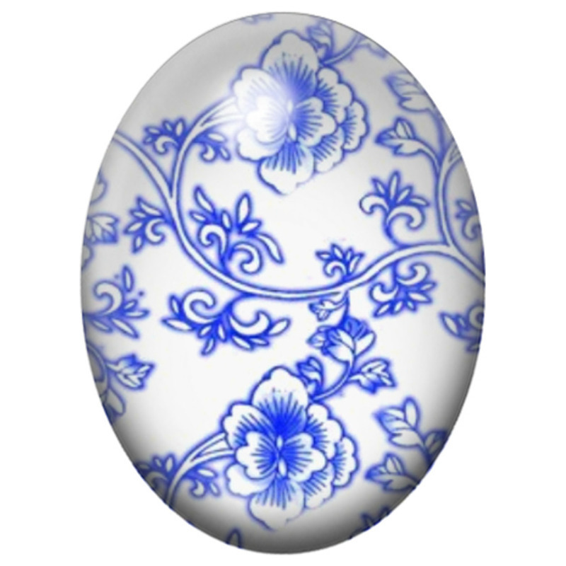 Cabochon en Verre Illustré Fleurs Bleues de Porcelaine 13x18, 18x25 ou 30x40mm