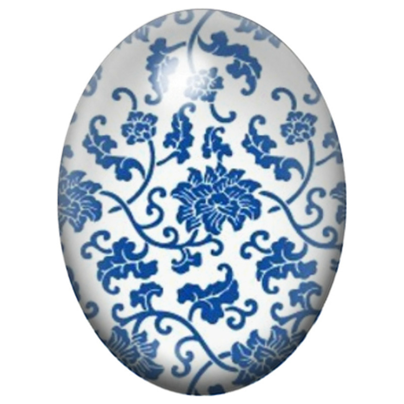 Cabochon en Verre Illustré Rosace Florale Bleu et Blanc 13x18, 18x25 ou 30x40mm