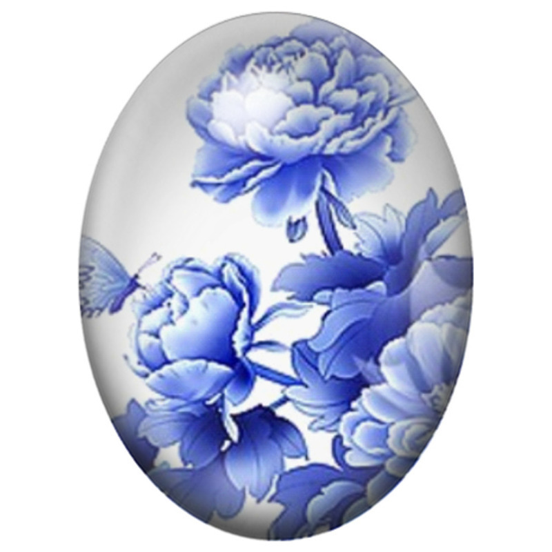 Cabochon en Verre Illustré Pivoines Bleues de Porcelaine 13x18, 18x25 ou 30x40mm