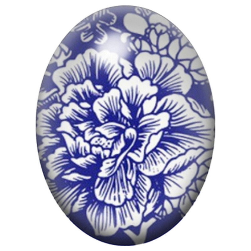 Cabochon en Verre Illustré Pivoine Blanche sur Bleu Profond 13x18, 18x25 ou 30x40mm