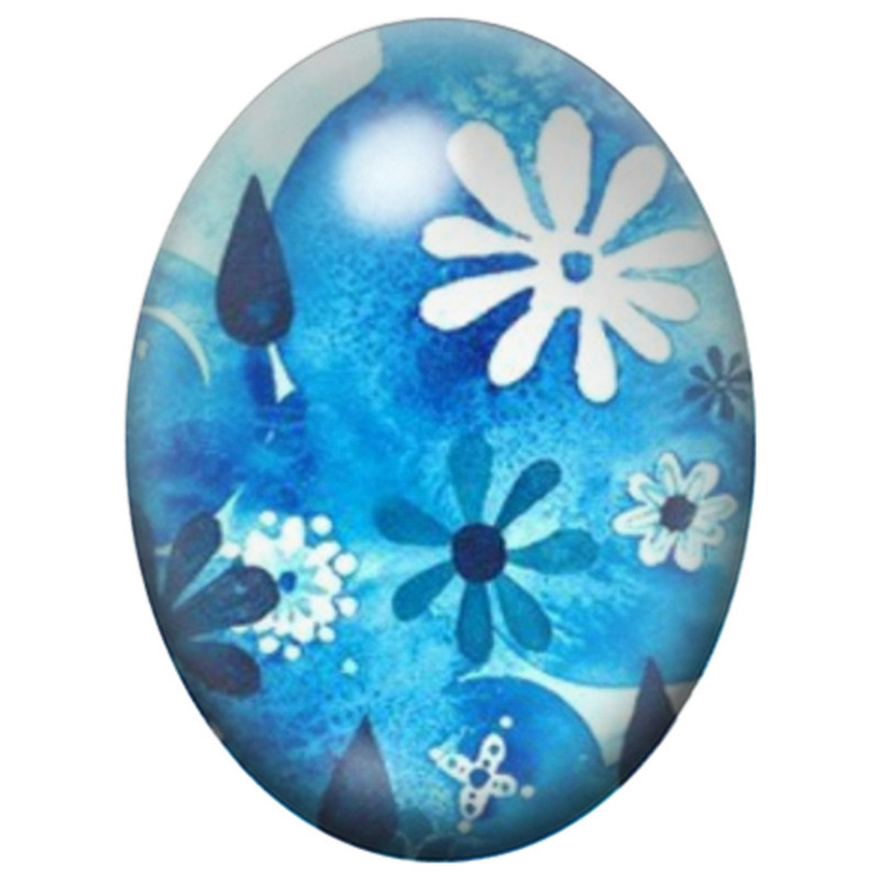 Cabochon en Verre Illustré Fleurs Blanches sur Fond Turquoise 13x18, 18x25 ou 30x40mm