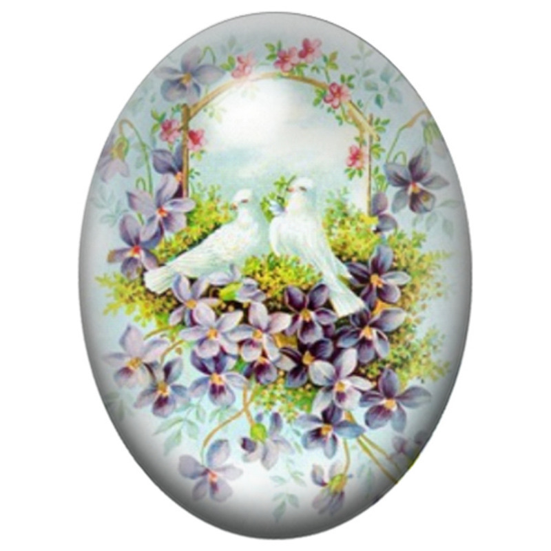 Cabochon en Verre Illustré Miroir Fleuri aux Colombes 13x18, 18x25 ou 30x40mm