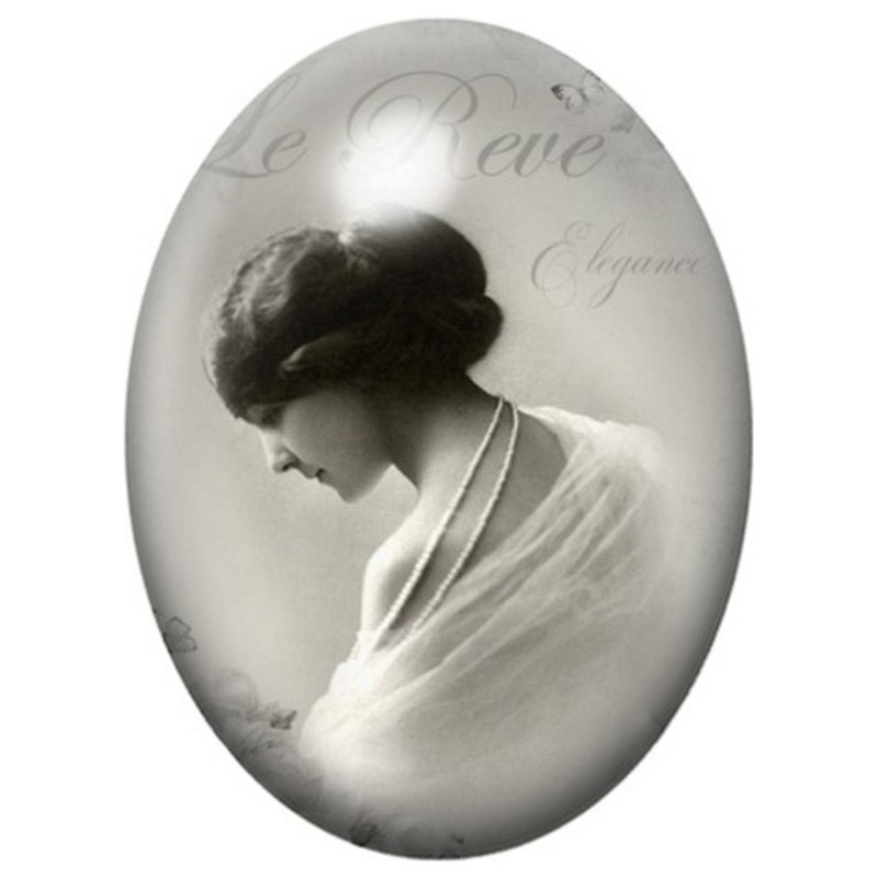 Cabochon en Verre Illustré Femme Rêveuse Vintage 13x18, 18x25 ou 30x40mm
