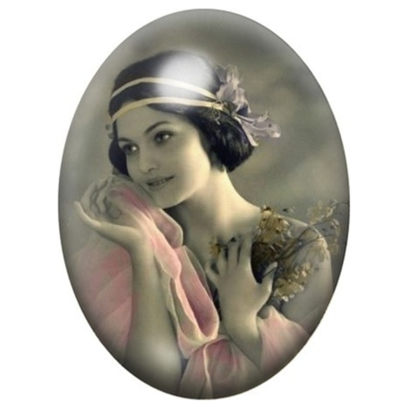 Cabochon en Verre Illustré Femme des Années Folles à la Rose 13x18, 18x25 ou 30x40mm