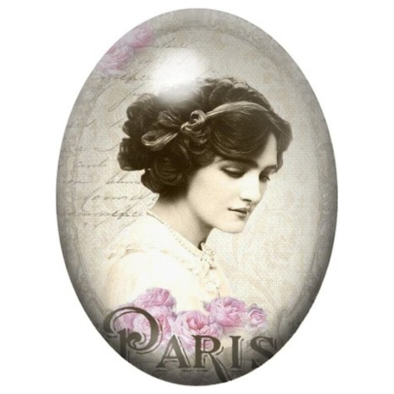 Cabochon en Verre Illustré Élégante Parisienne aux Fleurs Roses 13x18, 18x25 ou 30x40mm
