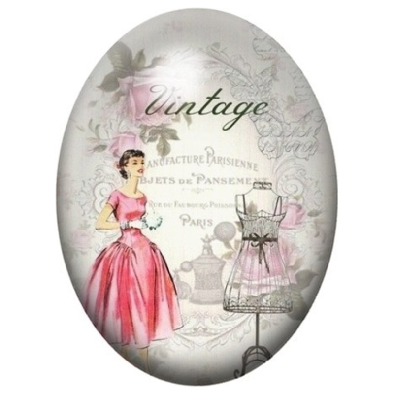 Cabochon en Verre Illustré Parisienne Vintage en Robe Rose 13x18, 18x25 ou 30x40mm