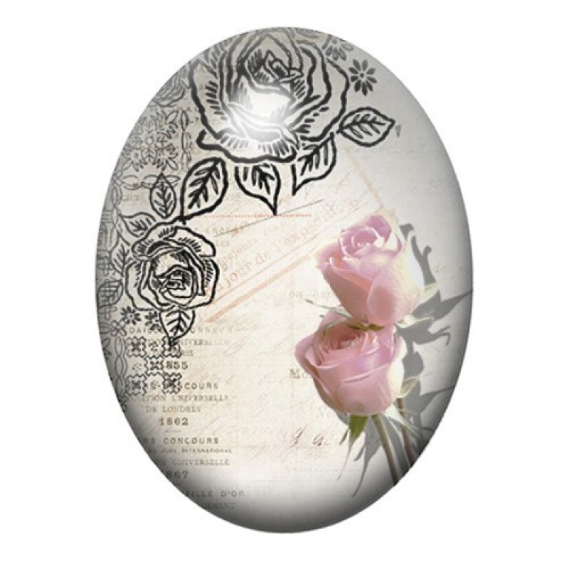 Cabochon en Verre Illustré Roses Vintage sur Lettre Ancienne 13x18, 18x25 ou 30x40mm