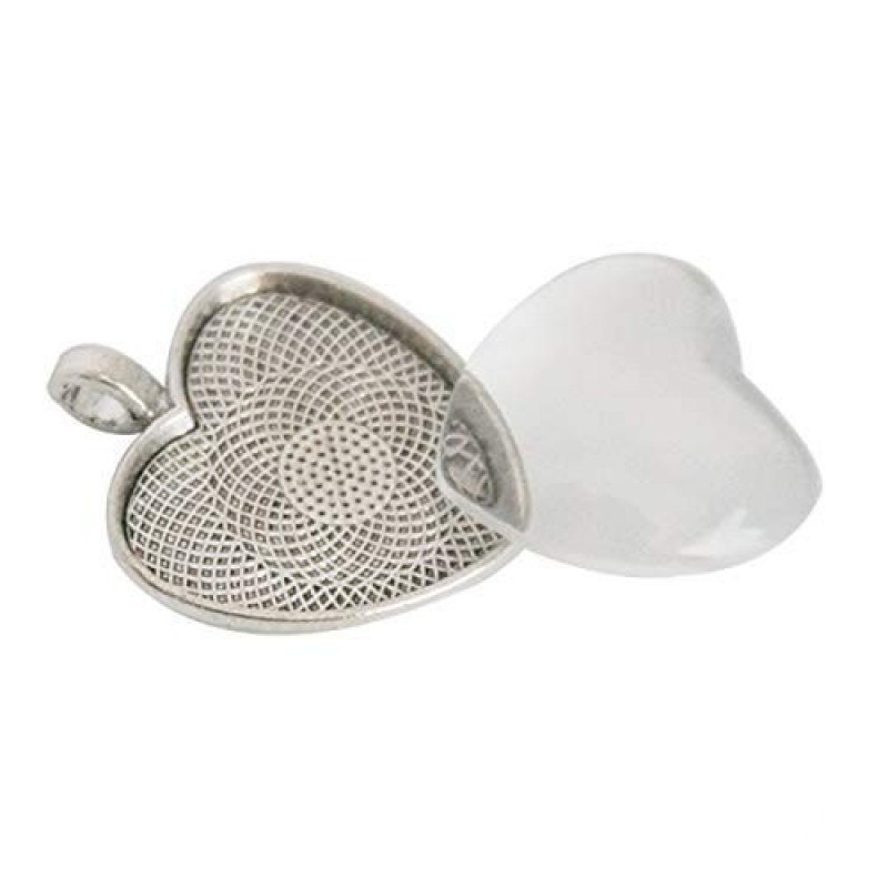 Support Pendentif Cœur Argenté avec Cabochon en Verre 25mm