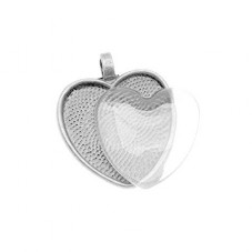 Support Pendentif Coeur Argenté avec Cabochon en Verre 25mm