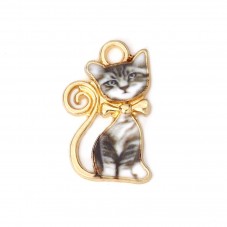 2 Breloques Chat Roux ou Gris en Émail Métal Doré 21x13mm