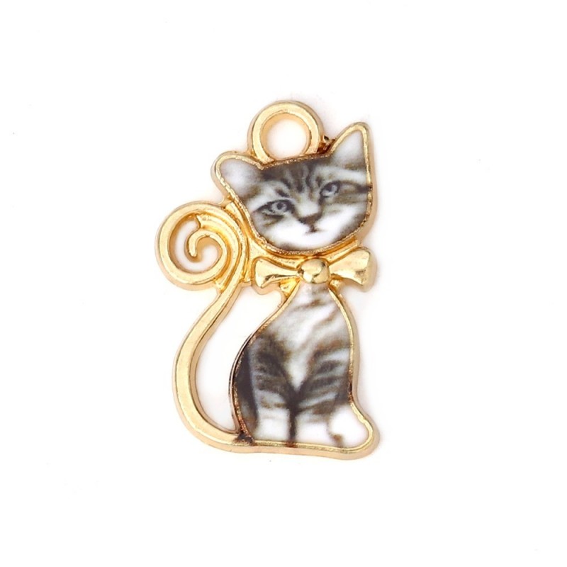 2 Breloques Chat Roux ou Gris en Émail Métal Doré 21x13mm