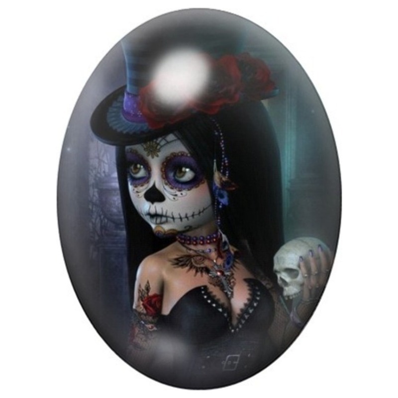 Cabochon en Verre Illustré Femme Calavera au Voile Noir 13x18, 18x25 ou 30x40mm