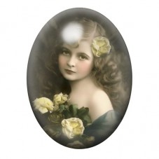 Cabochon en Verre Illustré Petite Fille Vintage aux Roses 13x18, 18x25 ou 30x40mm pour la création de bijoux fantaisie - DIY